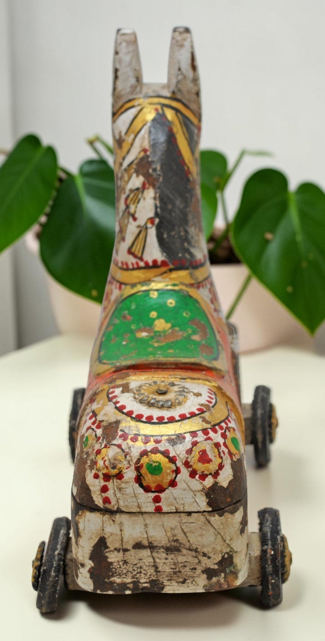 Fine Hand Carved Wooden Horse on Wheels Figurine Spice Box Rustic Painted