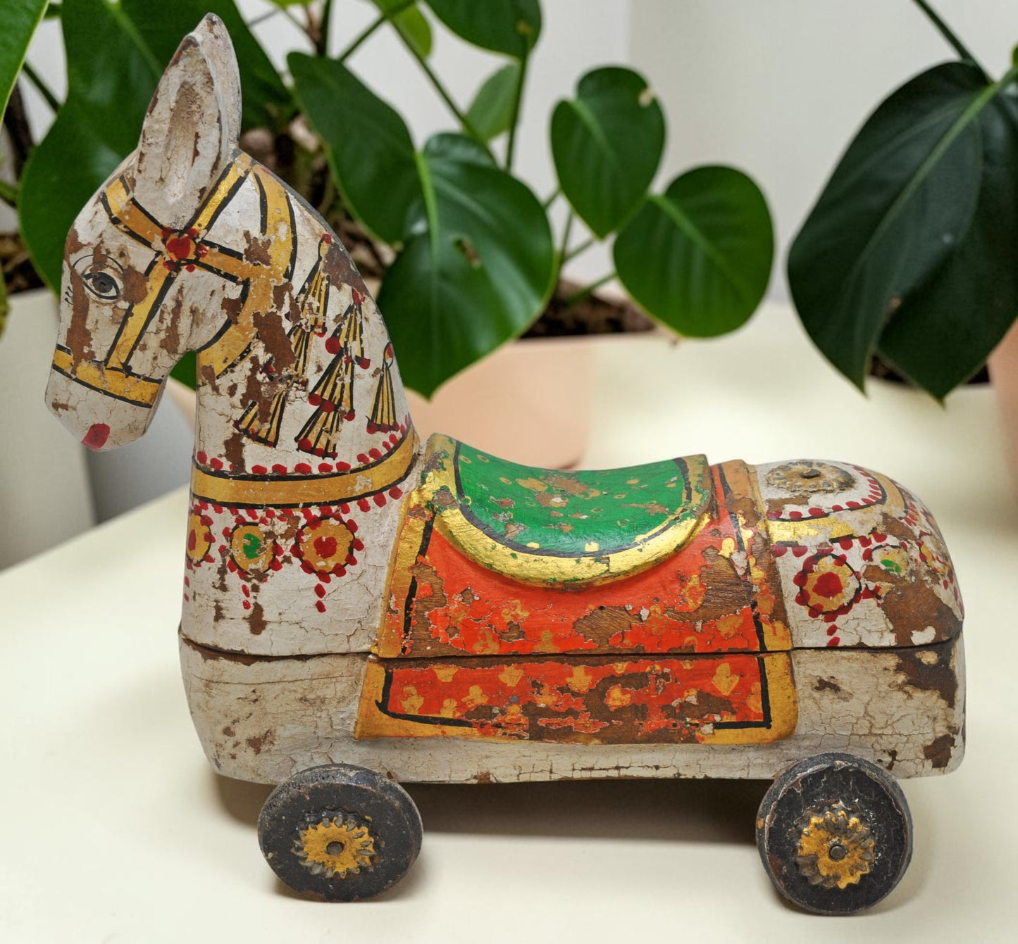 Fine Hand Carved Wooden Horse on Wheels Figurine Spice Box Rustic Painted