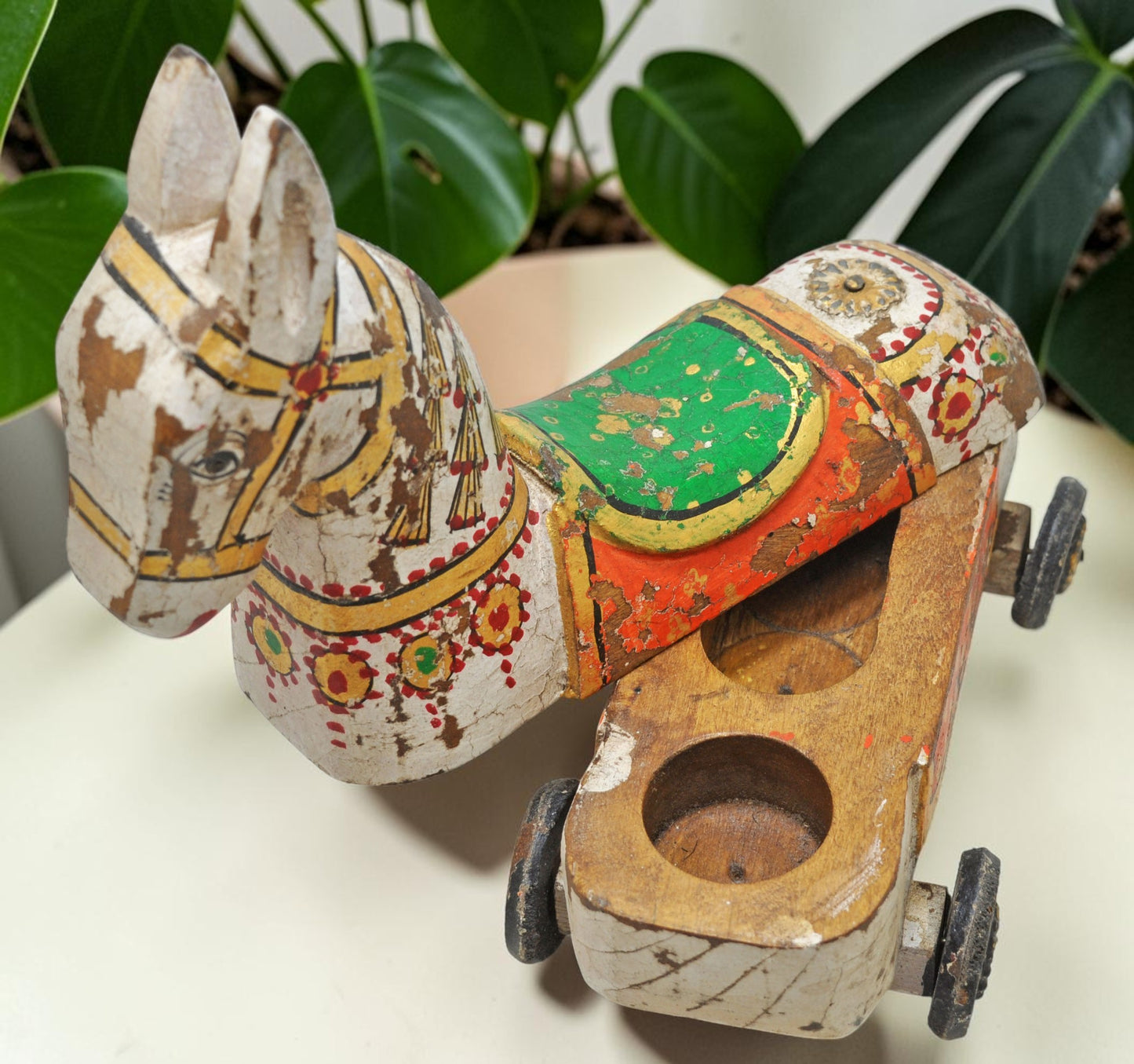 Fine Hand Carved Wooden Horse on Wheels Figurine Spice Box Rustic Painted