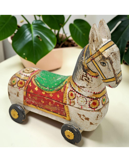 Fine Hand Carved Wooden Horse on Wheels Figurine Spice Box Rustic Painted