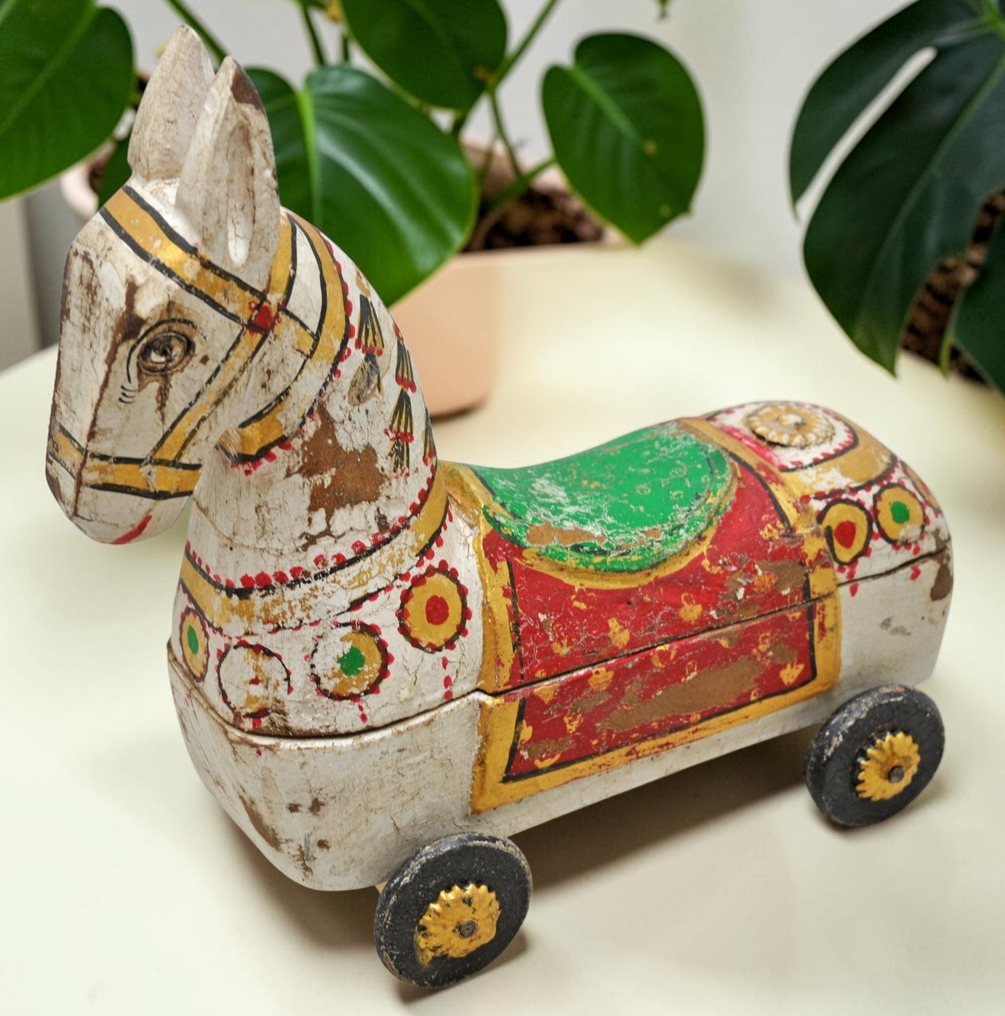Fine Hand Carved Wooden Horse on Wheels Figurine Spice Box Rustic Painted