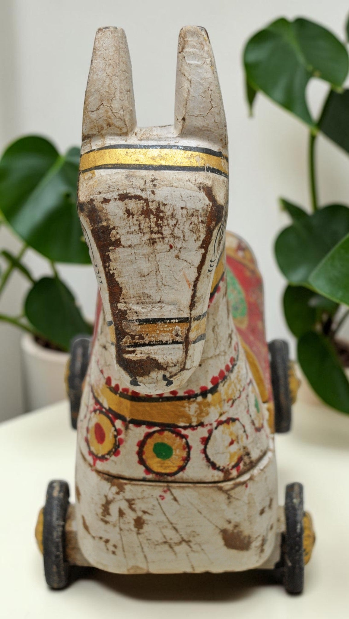 Fine Hand Carved Wooden Horse on Wheels Figurine Spice Box Rustic Painted
