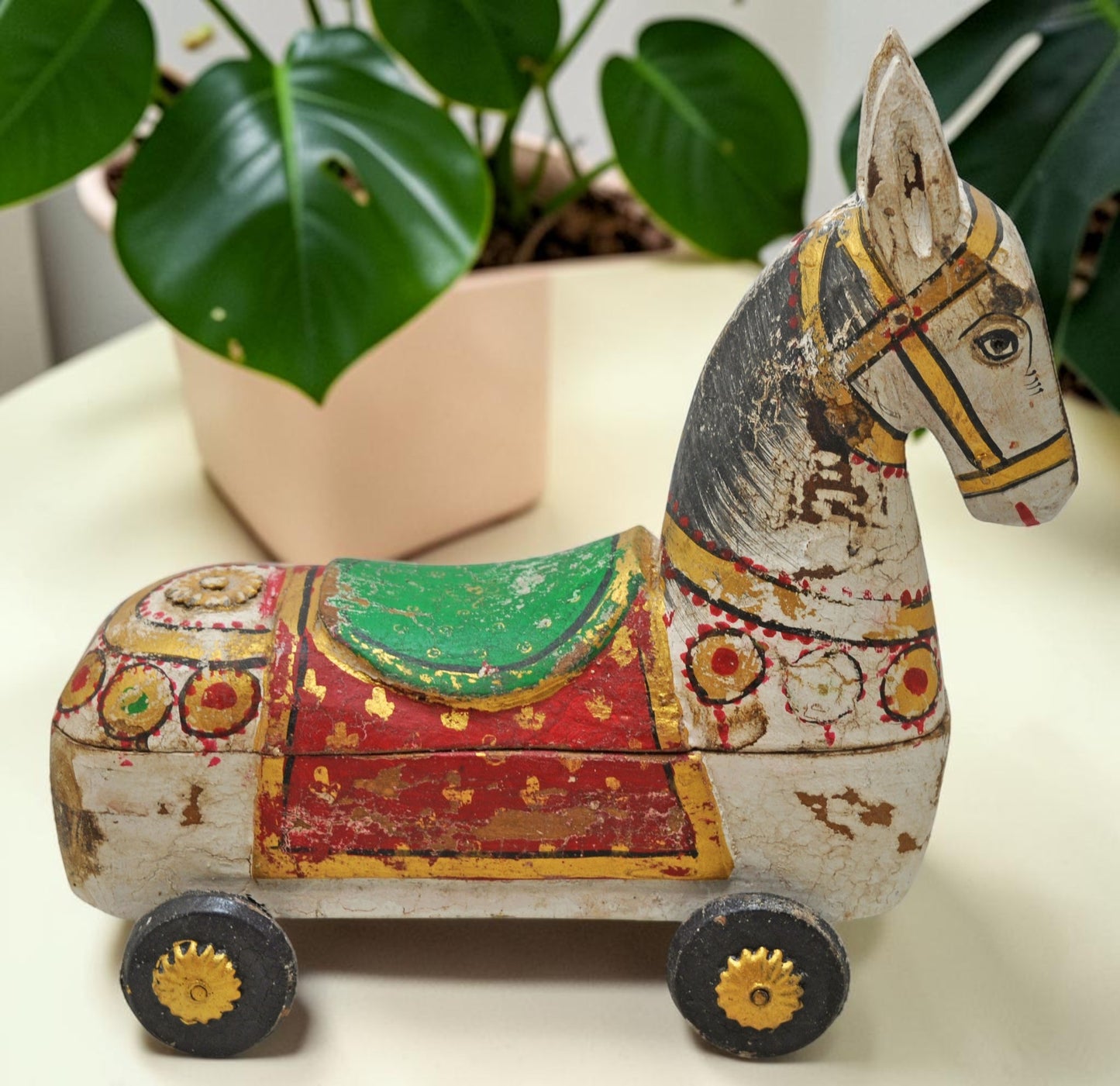 Fine Hand Carved Wooden Horse on Wheels Figurine Spice Box Rustic Painted