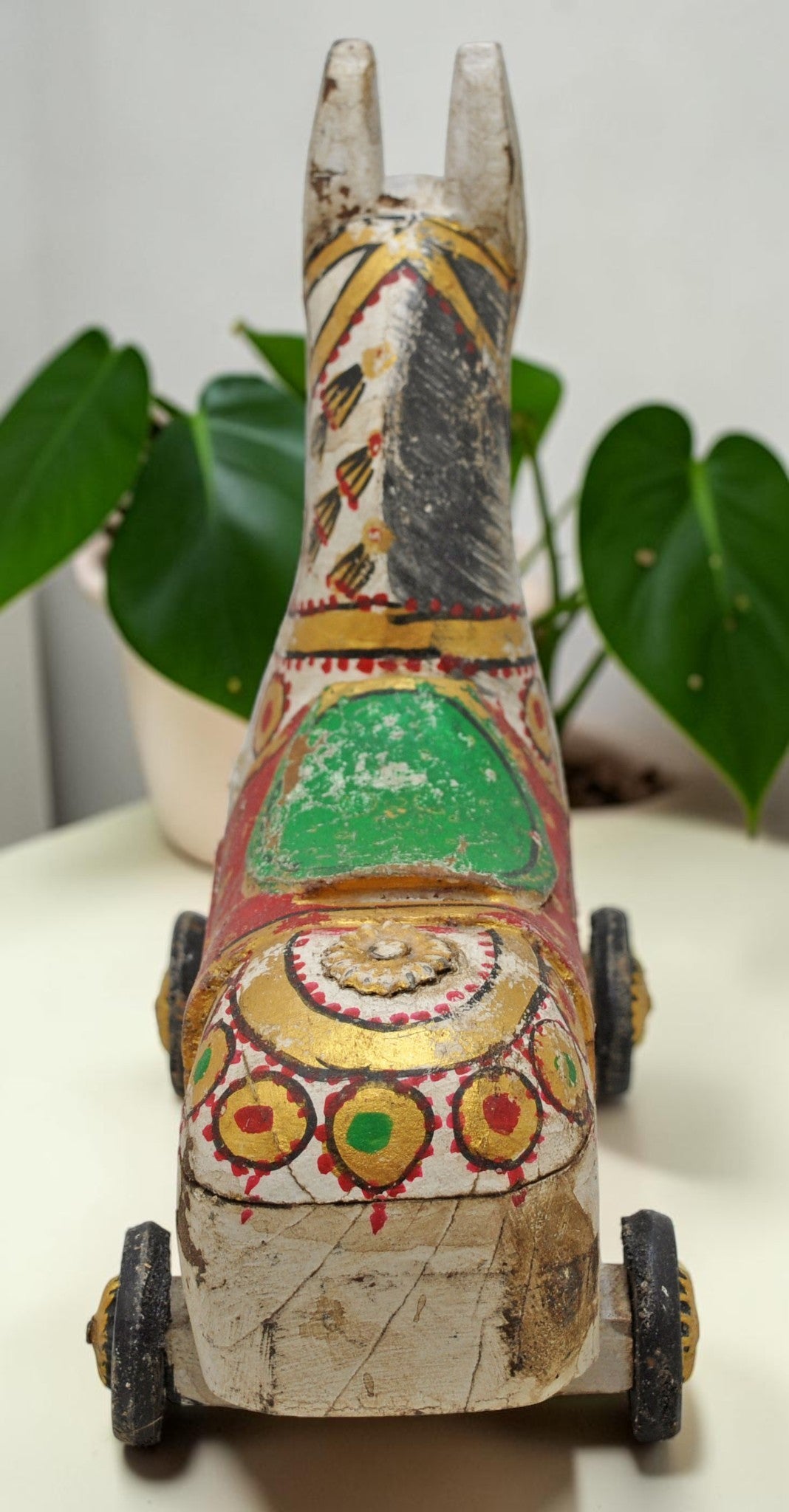 Fine Hand Carved Wooden Horse on Wheels Figurine Spice Box Rustic Painted