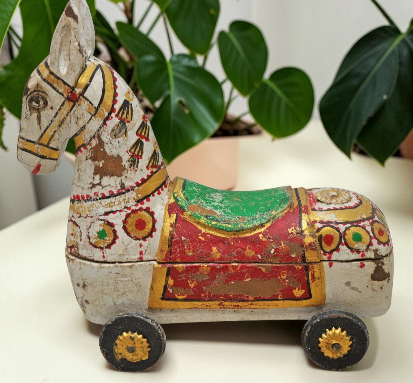 Fine Hand Carved Wooden Horse on Wheels Figurine Spice Box Rustic Painted