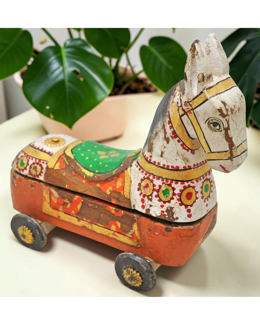 Fine Hand Carved Wooden Horse on Wheels Figurine Spice Box Rustic Painted