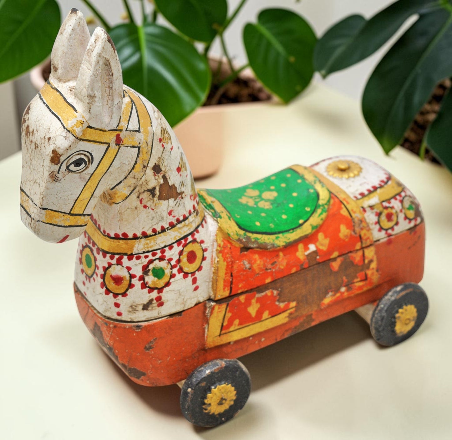 Fine Hand Carved Wooden Horse on Wheels Figurine Spice Box Rustic Painted