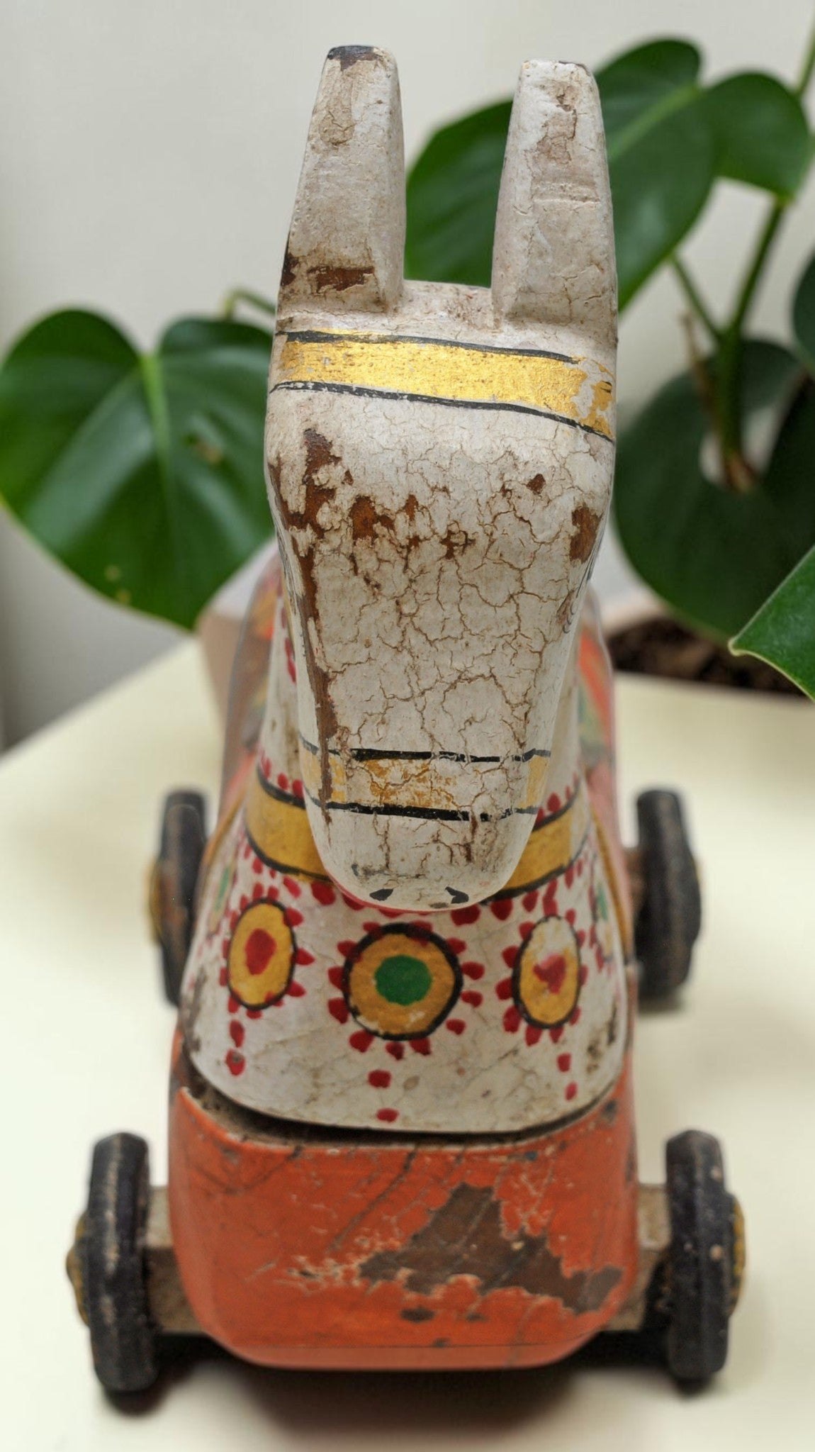 Fine Hand Carved Wooden Horse on Wheels Figurine Spice Box Rustic Painted