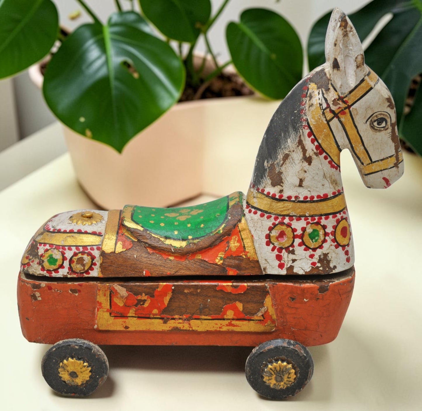 Fine Hand Carved Wooden Horse on Wheels Figurine Spice Box Rustic Painted