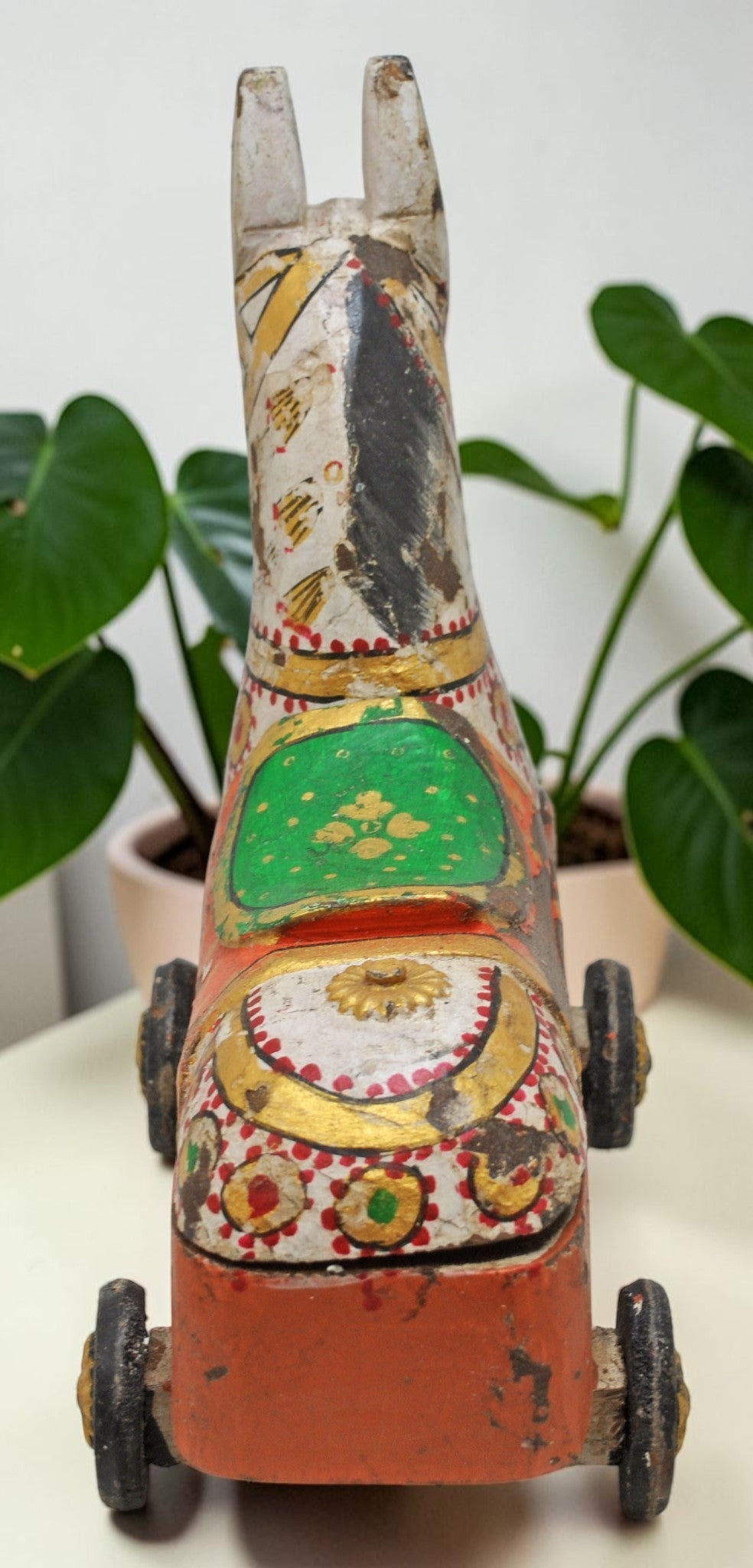 Fine Hand Carved Wooden Horse on Wheels Figurine Spice Box Rustic Painted