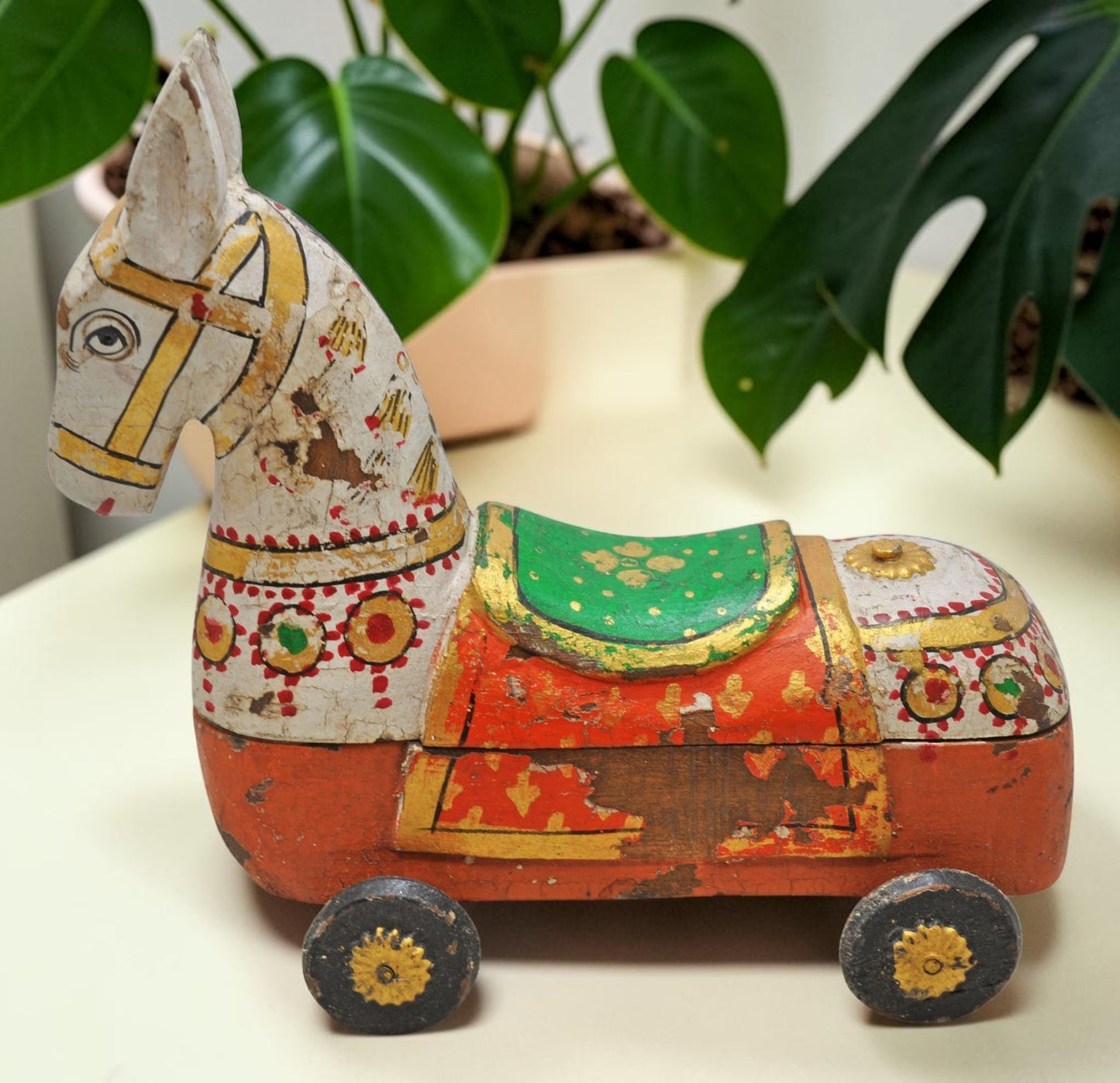 Fine Hand Carved Wooden Horse on Wheels Figurine Spice Box Rustic Painted