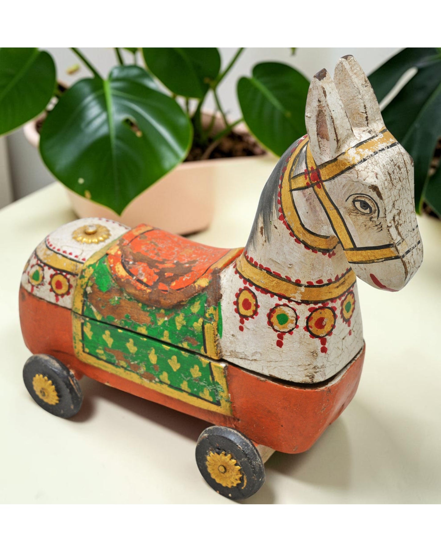 Fine Hand Carved Wooden Horse on Wheels Figurine Spice Box Rustic Painted