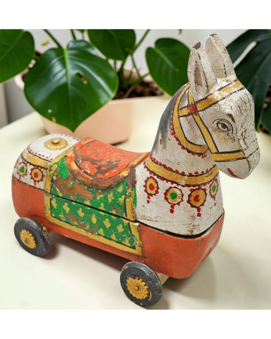 Fine Hand Carved Wooden Horse on Wheels Figurine Spice Box Rustic Painted