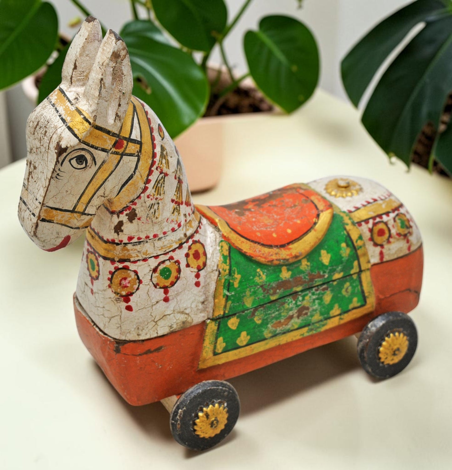Fine Hand Carved Wooden Horse on Wheels Figurine Spice Box Rustic Painted