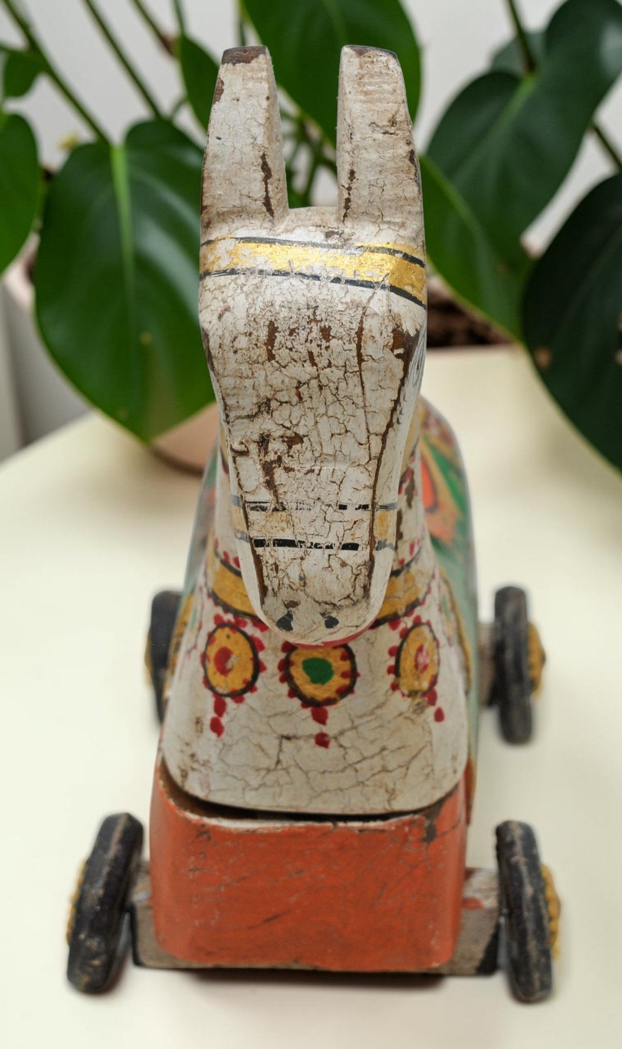 Fine Hand Carved Wooden Horse on Wheels Figurine Spice Box Rustic Painted