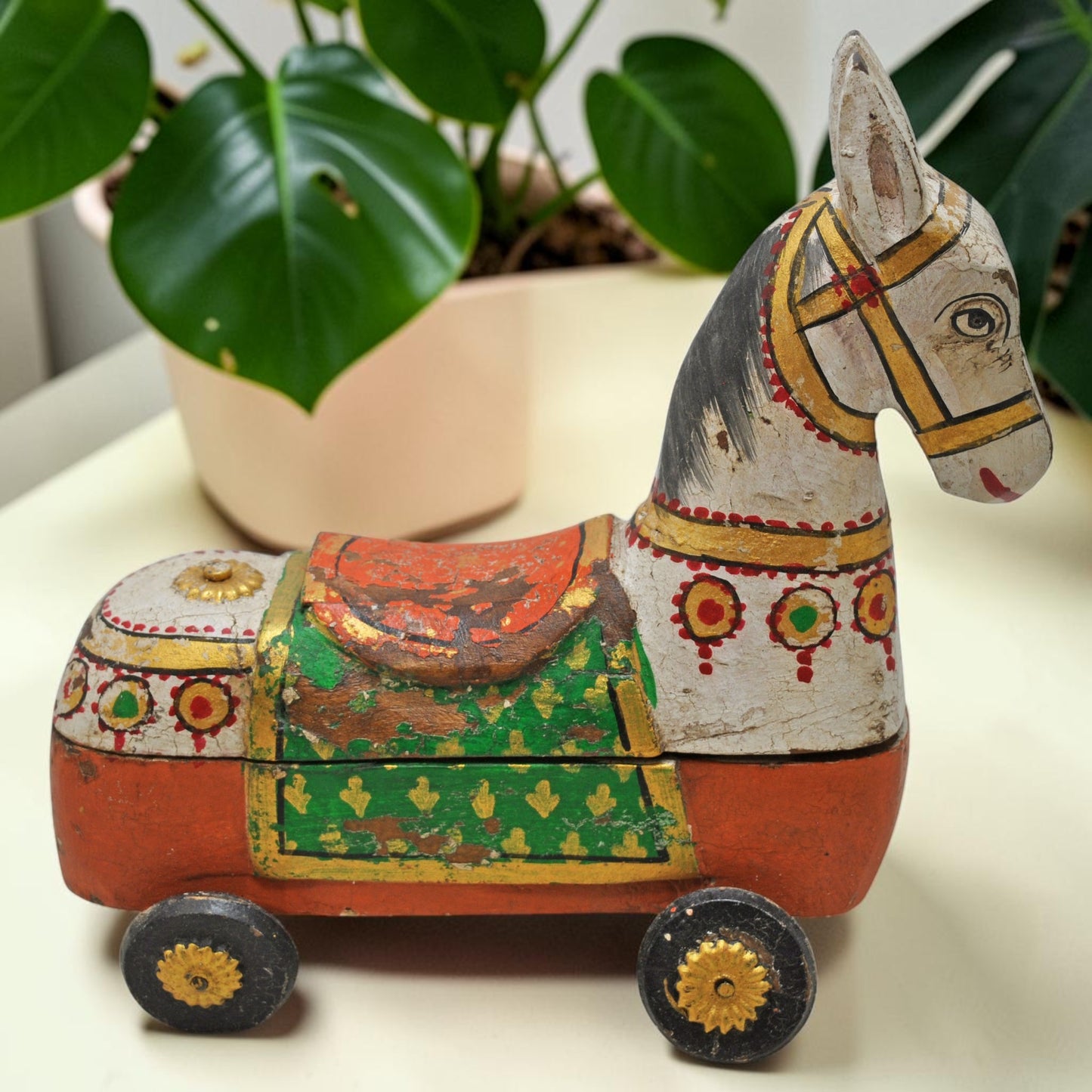Fine Hand Carved Wooden Horse on Wheels Figurine Spice Box Rustic Painted
