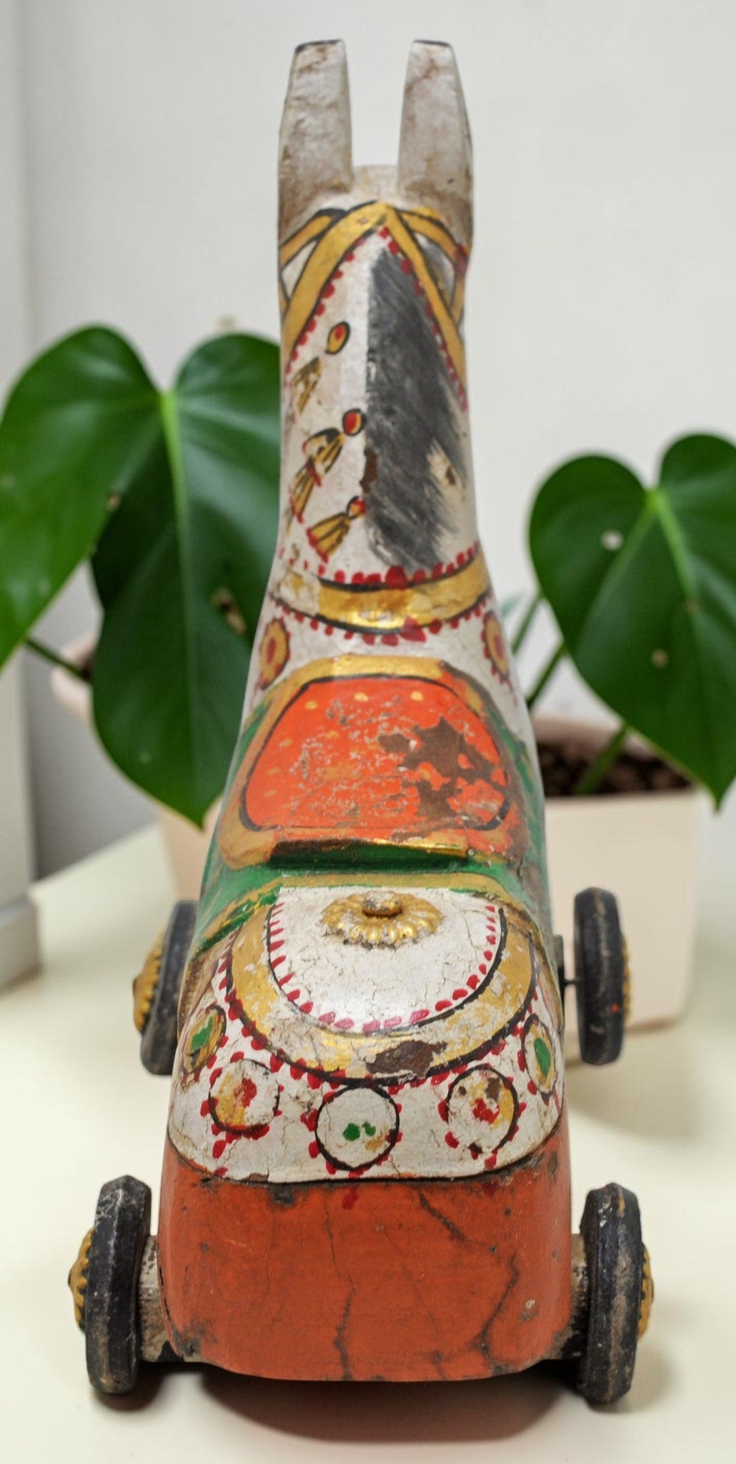 Fine Hand Carved Wooden Horse on Wheels Figurine Spice Box Rustic Painted