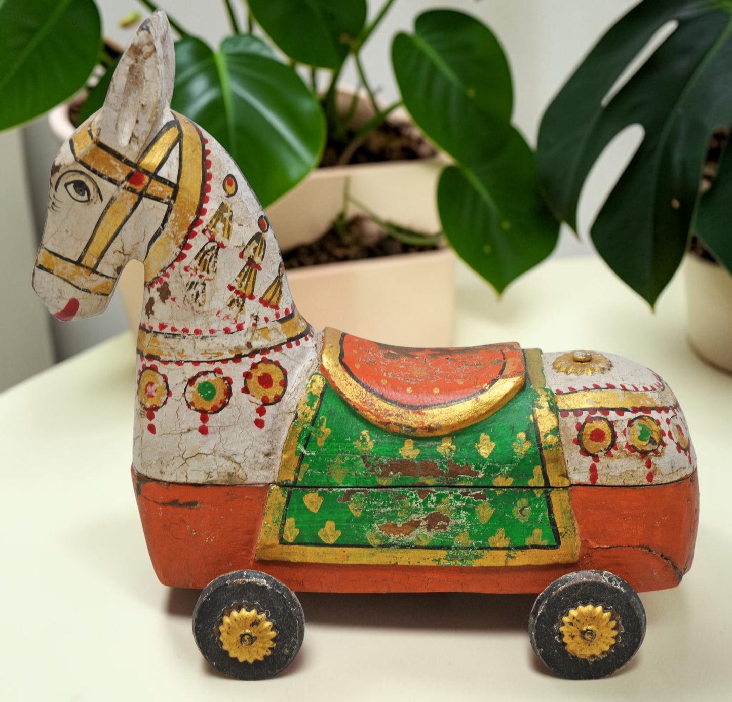 Fine Hand Carved Wooden Horse on Wheels Figurine Spice Box Rustic Painted