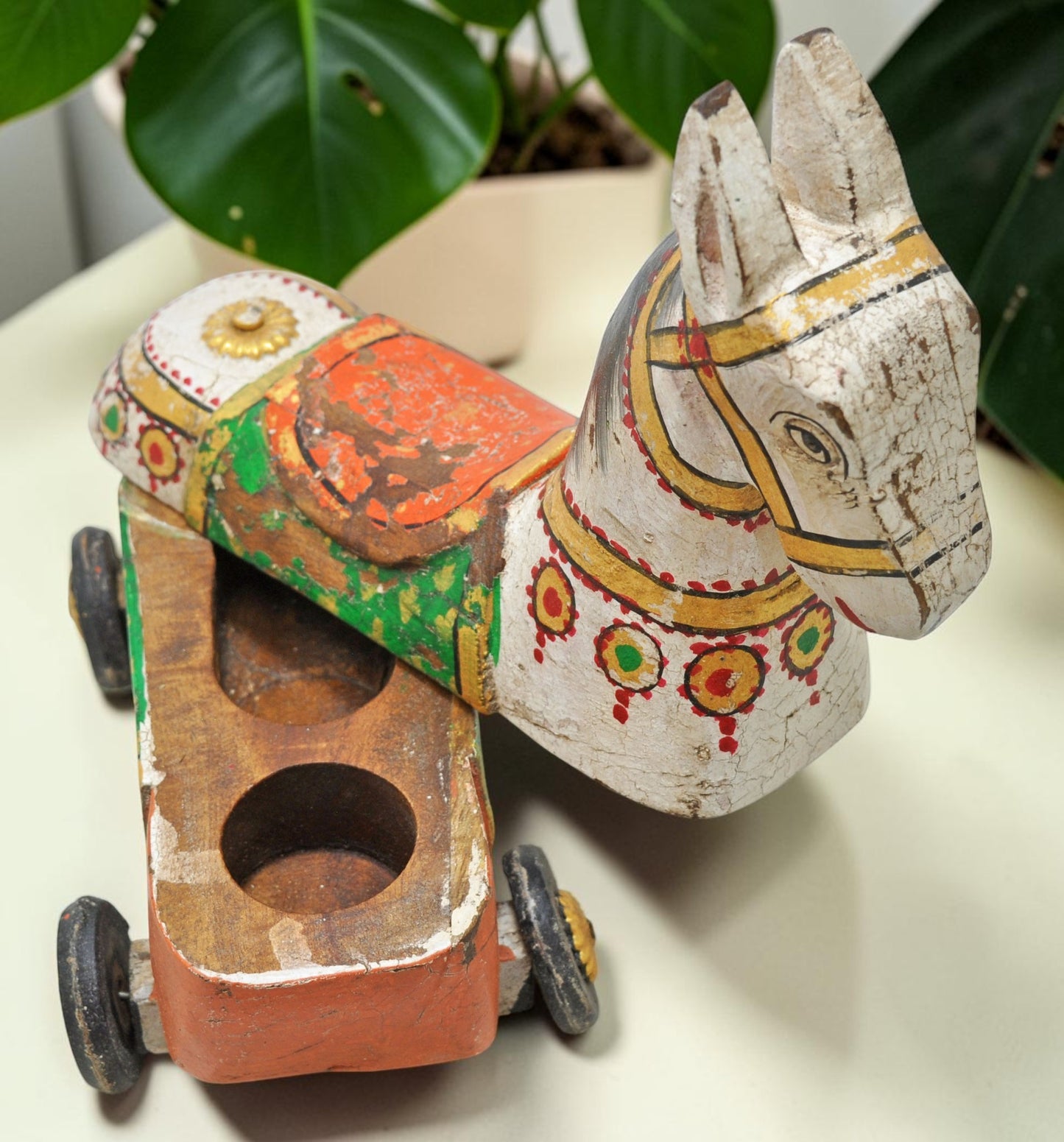 Fine Hand Carved Wooden Horse on Wheels Figurine Spice Box Rustic Painted
