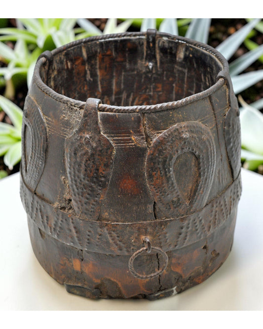 Antique Wooden Grain Measurement Pot Original Old Hand Carved Metal Fitted