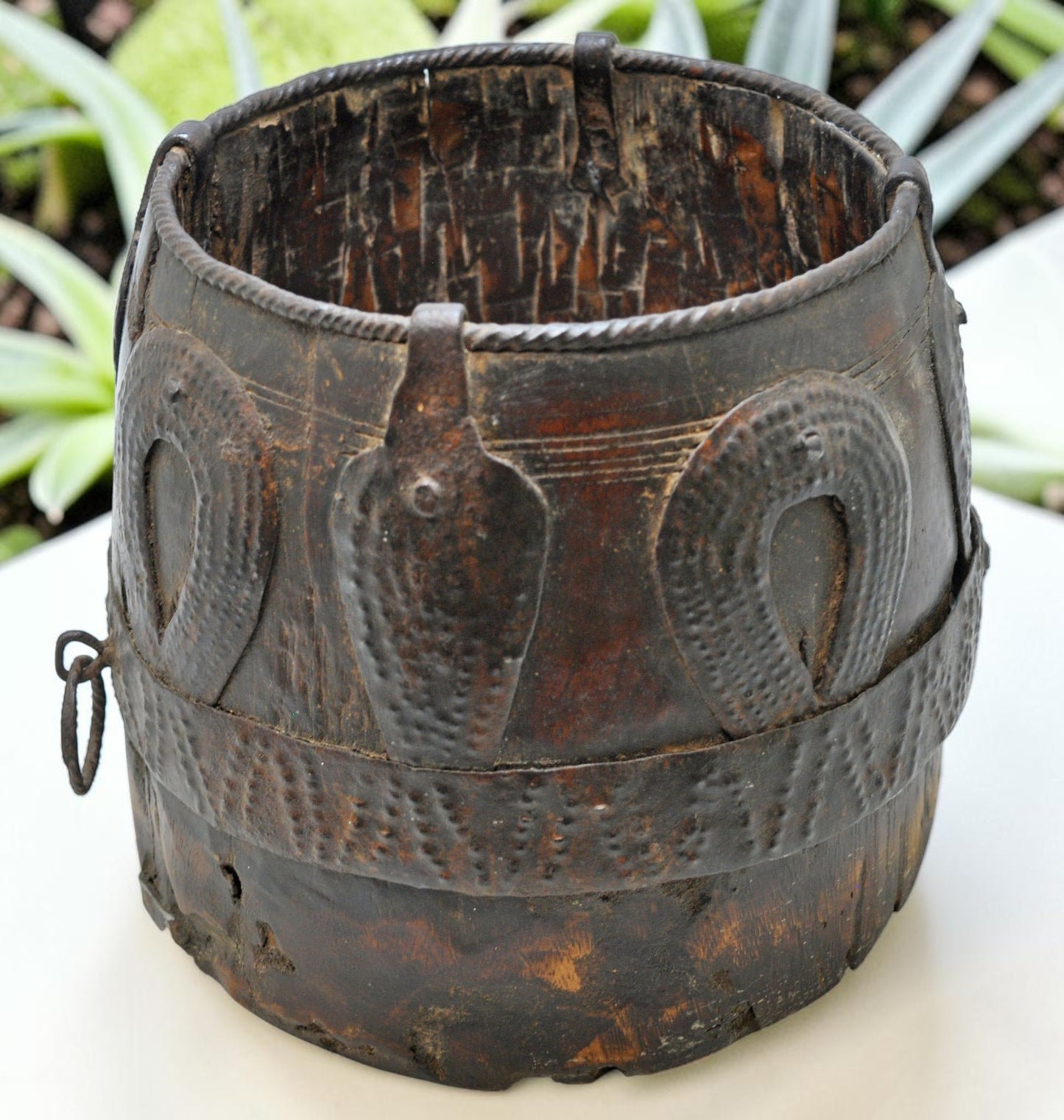 Antique Wooden Grain Measurement Pot Original Old Hand Carved Metal Fitted