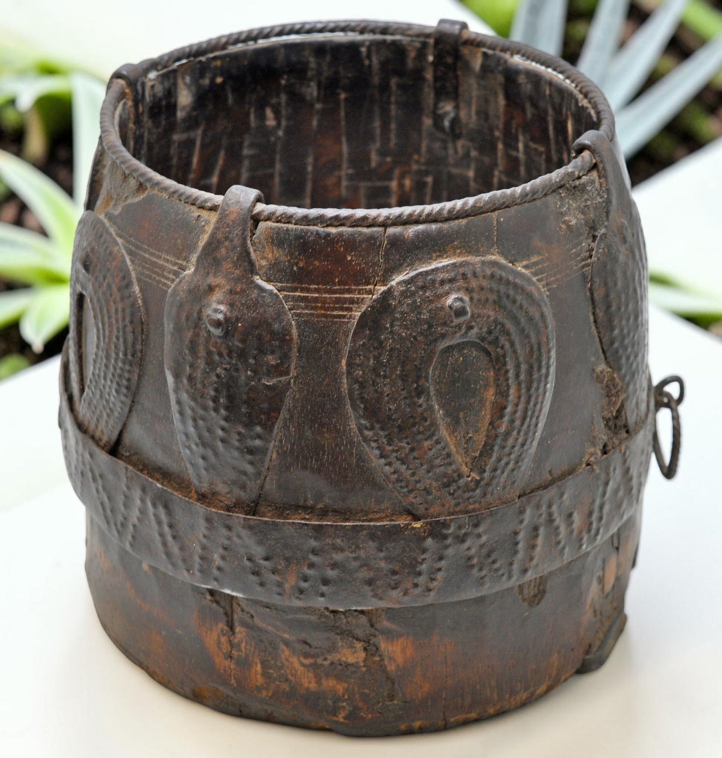 Antique Wooden Grain Measurement Pot Original Old Hand Carved Metal Fitted