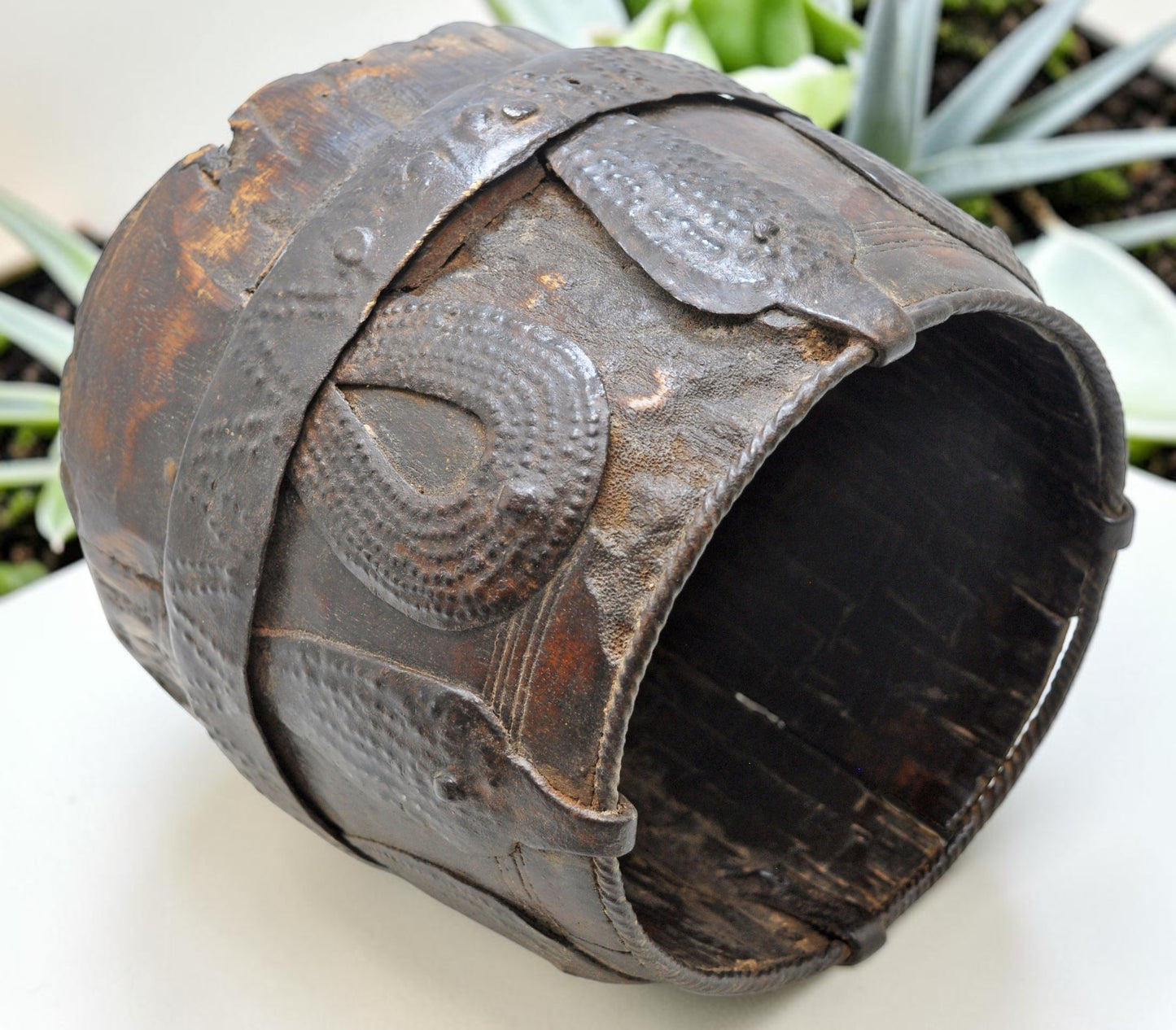 Antique Wooden Grain Measurement Pot Original Old Hand Carved Metal Fitted