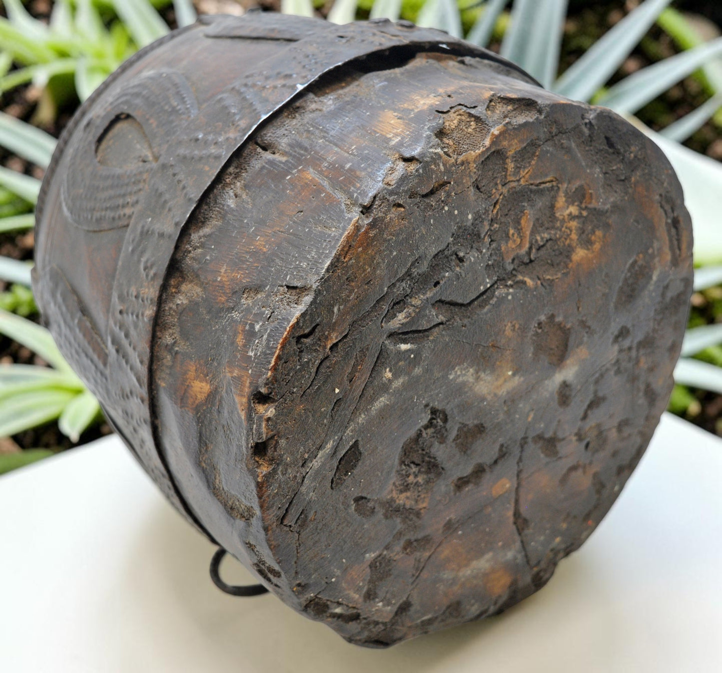 Antique Wooden Grain Measurement Pot Original Old Hand Carved Metal Fitted