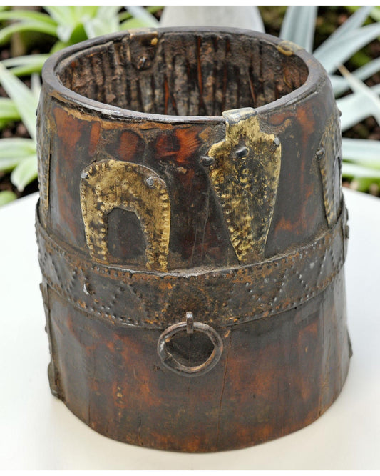 Antique Wooden Grain Measurement Pot Original Old Hand Carved Metal Fitted