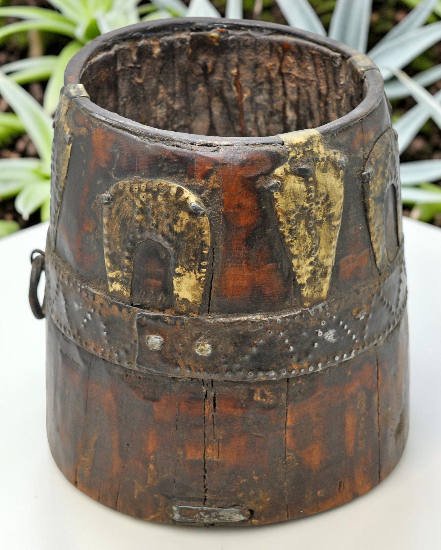 Antique Wooden Grain Measurement Pot Original Old Hand Carved Metal Fitted