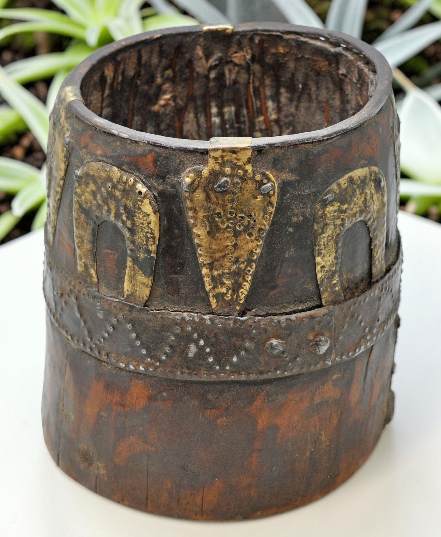 Antique Wooden Grain Measurement Pot Original Old Hand Carved Metal Fitted
