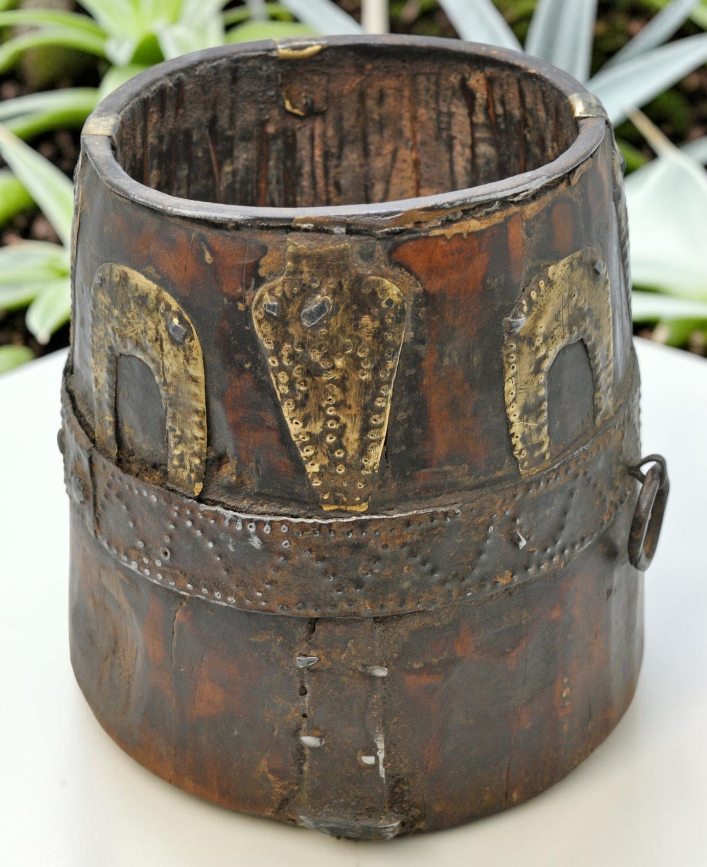 Antique Wooden Grain Measurement Pot Original Old Hand Carved Metal Fitted
