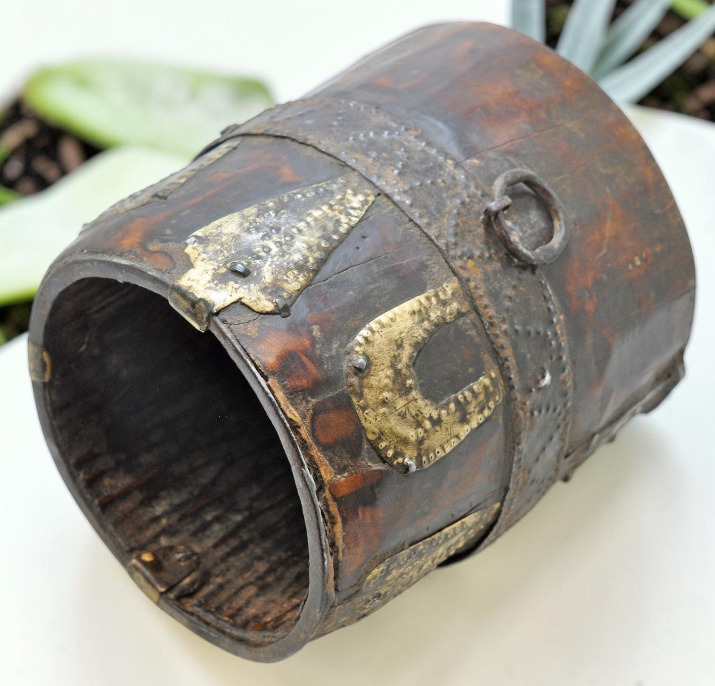 Antique Wooden Grain Measurement Pot Original Old Hand Carved Metal Fitted