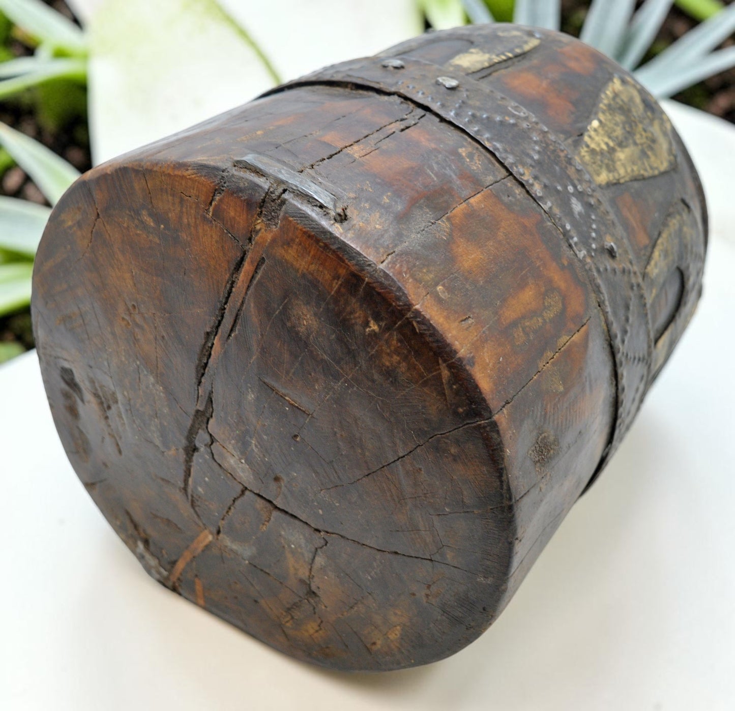 Antique Wooden Grain Measurement Pot Original Old Hand Carved Metal Fitted