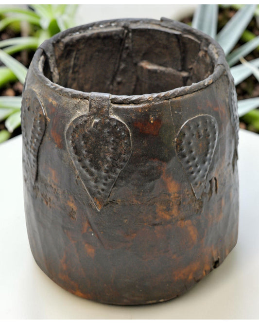 Antique Wooden Grain Measurement Pot Original Old Hand Carved Metal Fitted
