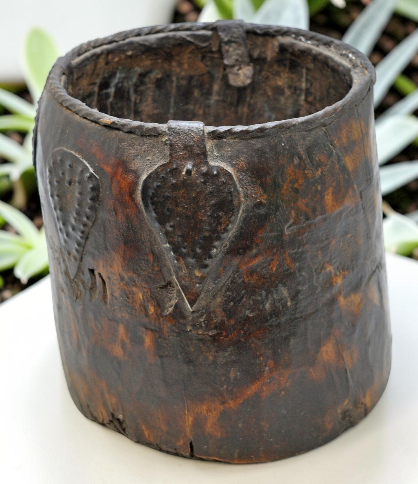 Antique Wooden Grain Measurement Pot Original Old Hand Carved Metal Fitted