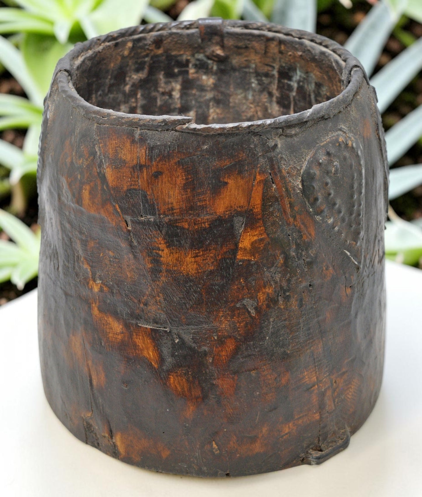 Antique Wooden Grain Measurement Pot Original Old Hand Carved Metal Fitted