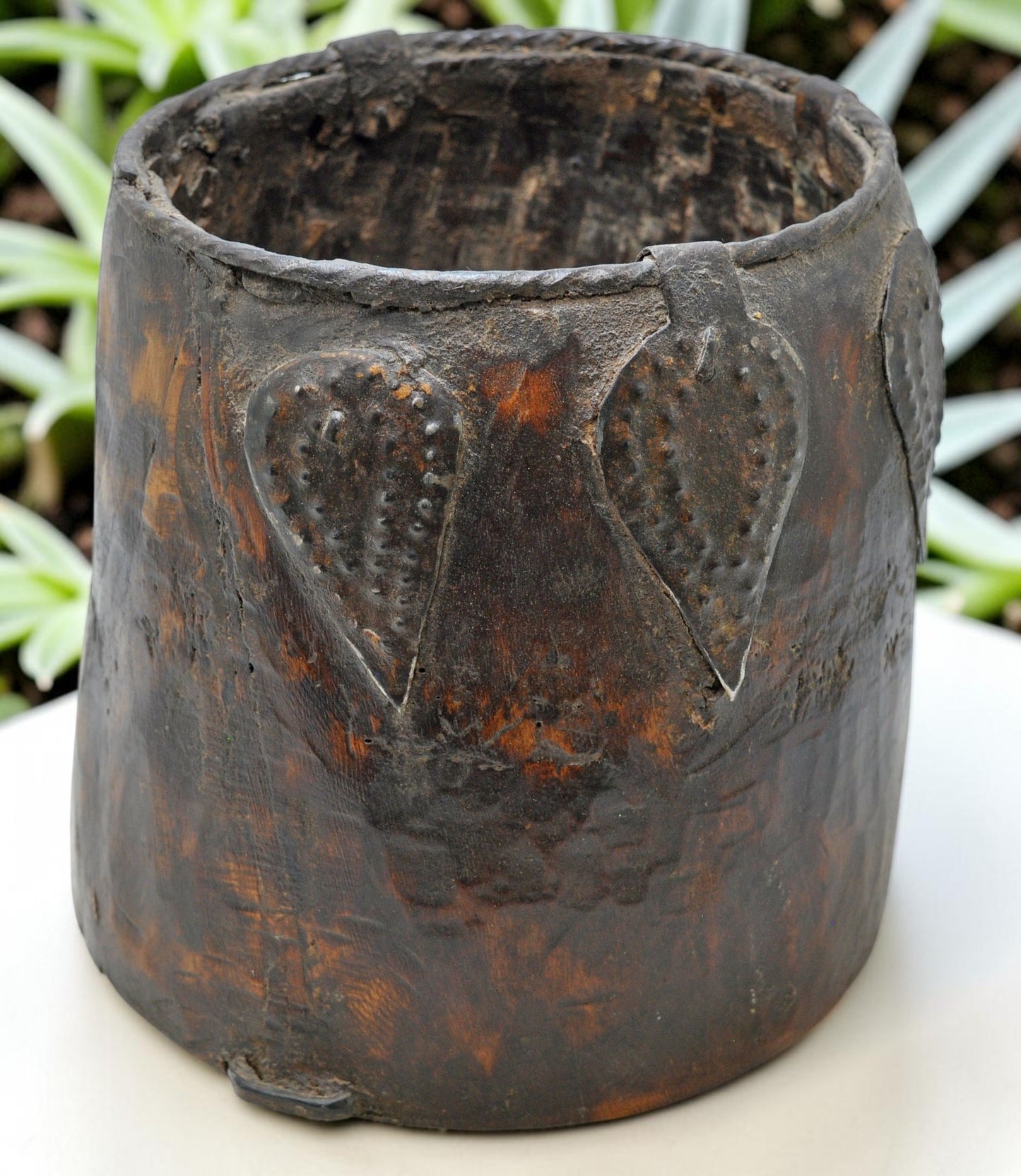 Antique Wooden Grain Measurement Pot Original Old Hand Carved Metal Fitted