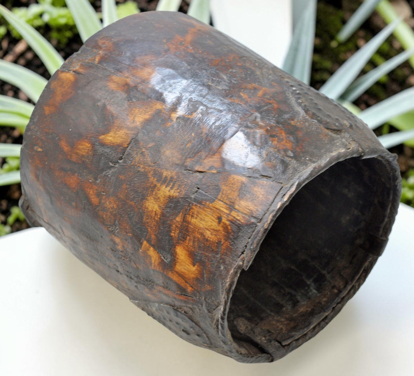 Antique Wooden Grain Measurement Pot Original Old Hand Carved Metal Fitted