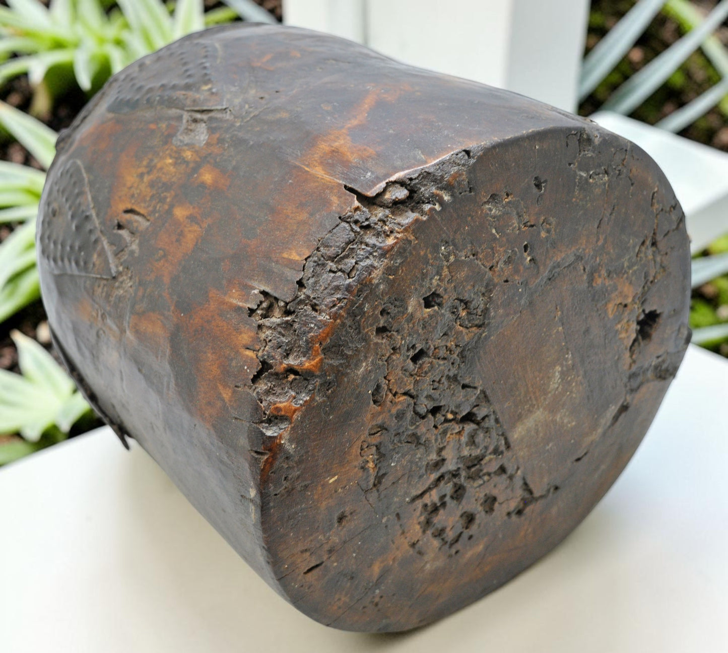 Antique Wooden Grain Measurement Pot Original Old Hand Carved Metal Fitted