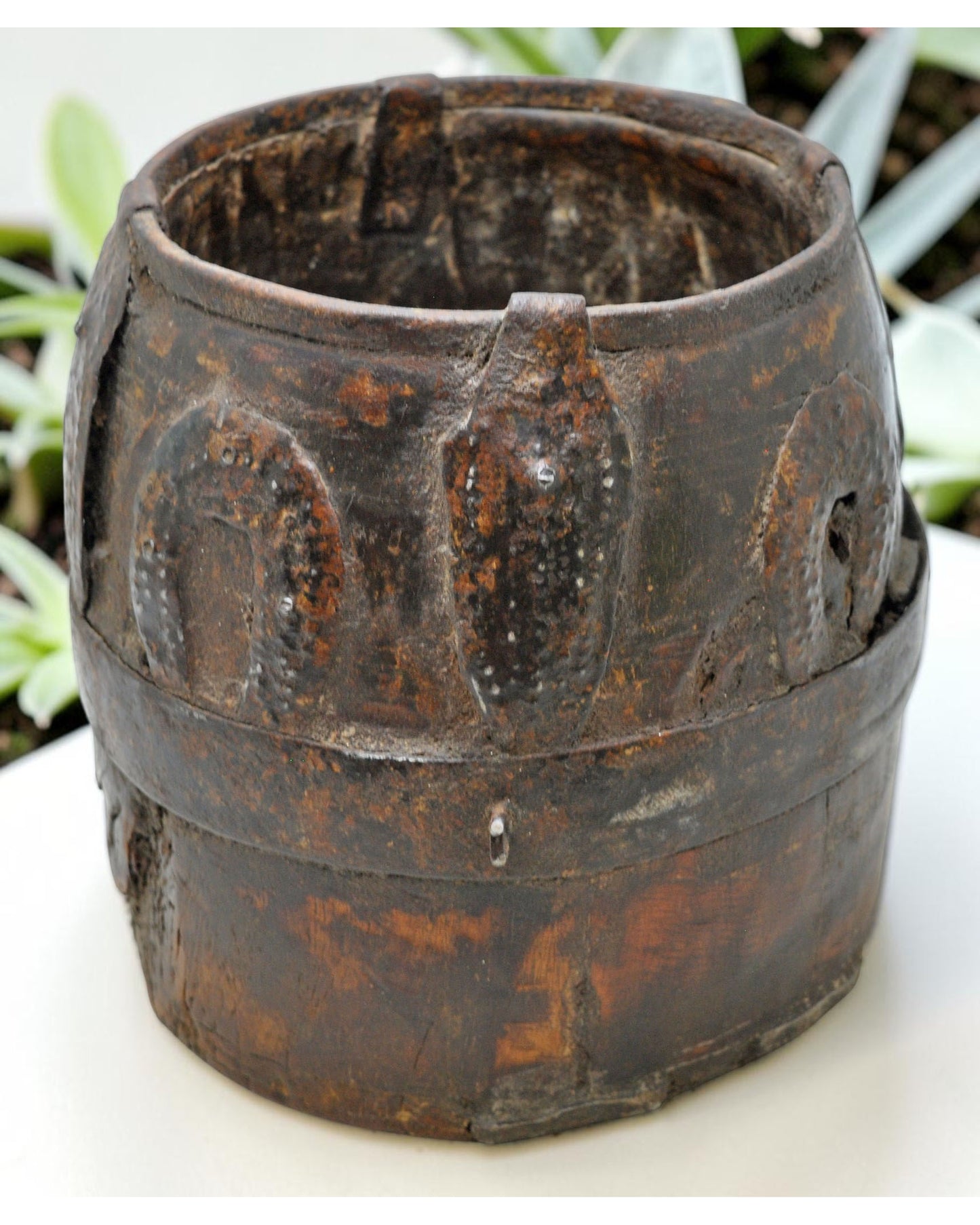 Antique Wooden Grain Measurement Pot Original Old Hand Carved Metal Fitted