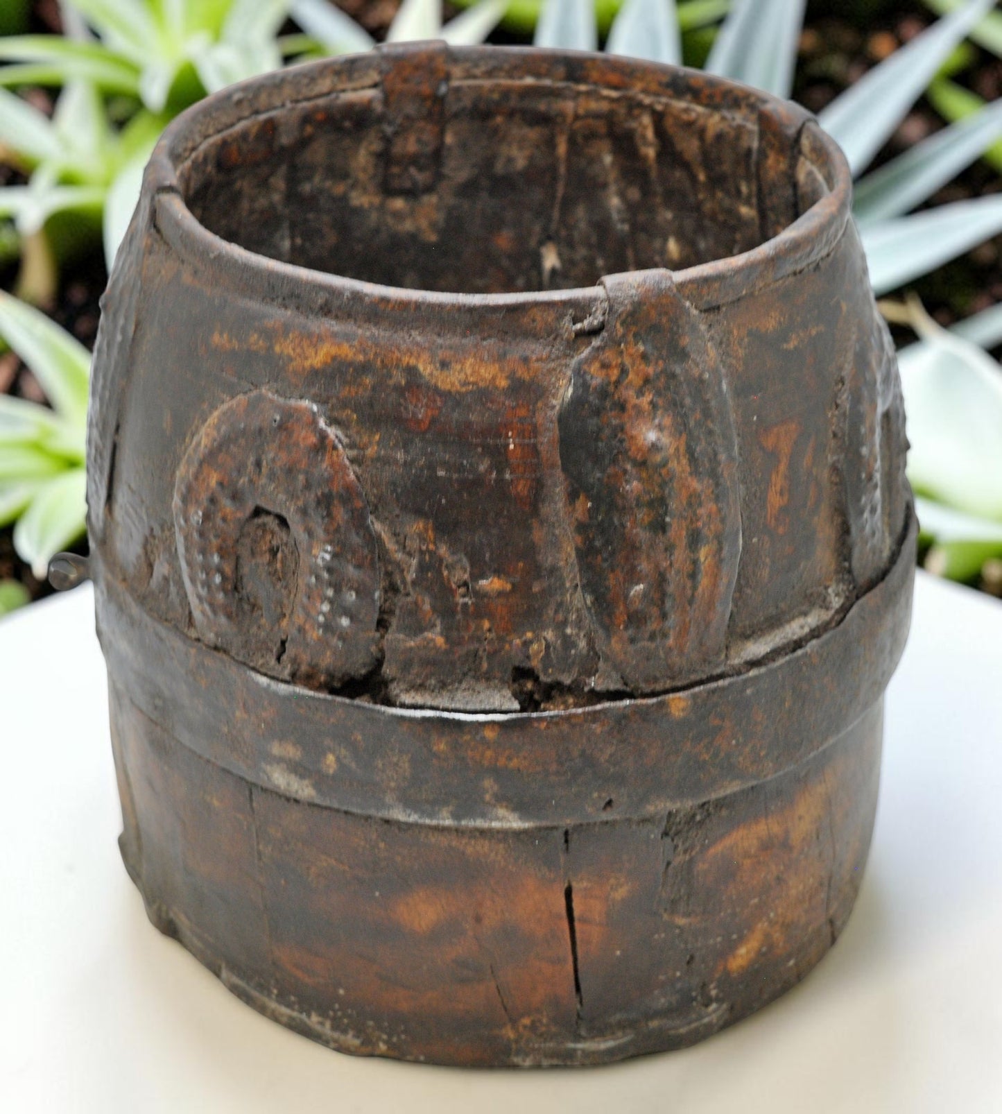 Antique Wooden Grain Measurement Pot Original Old Hand Carved Metal Fitted