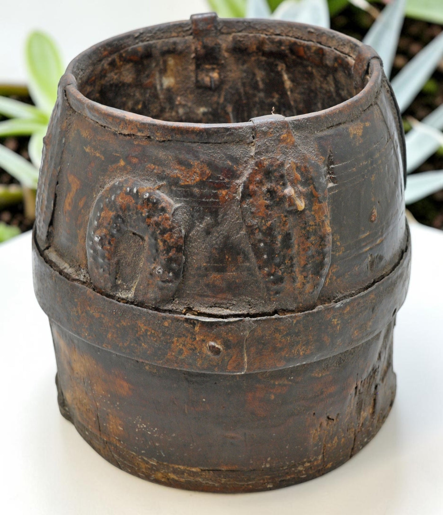 Antique Wooden Grain Measurement Pot Original Old Hand Carved Metal Fitted