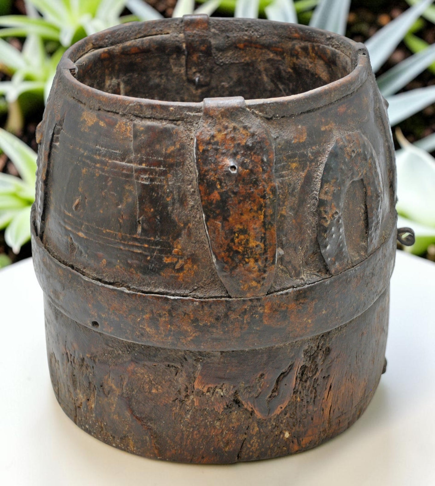 Antique Wooden Grain Measurement Pot Original Old Hand Carved Metal Fitted