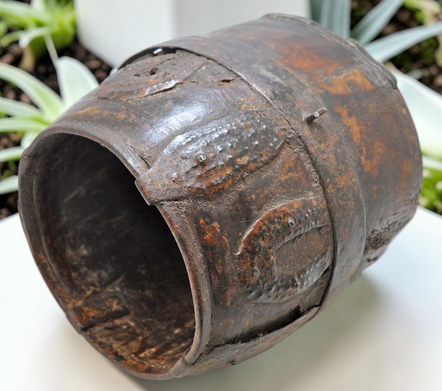 Antique Wooden Grain Measurement Pot Original Old Hand Carved Metal Fitted