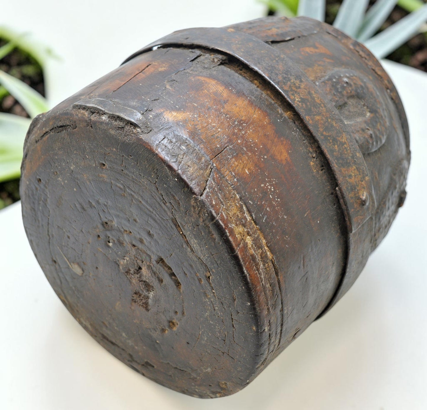 Antique Wooden Grain Measurement Pot Original Old Hand Carved Metal Fitted