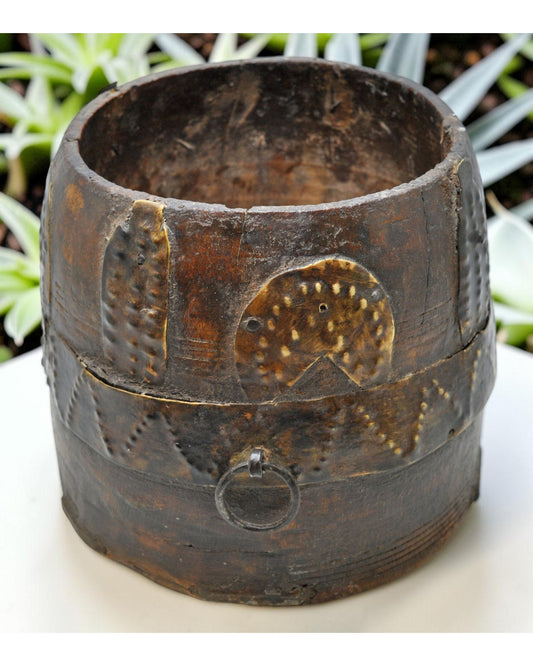 Antique Wooden Grain Measurement Pot Original Old Hand Carved Metal Fitted