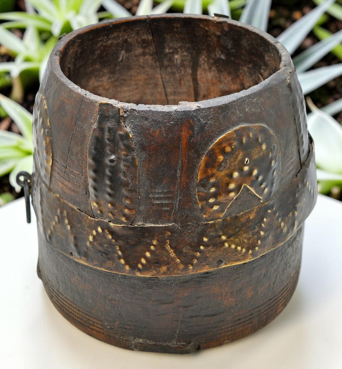 Antique Wooden Grain Measurement Pot Original Old Hand Carved Metal Fitted