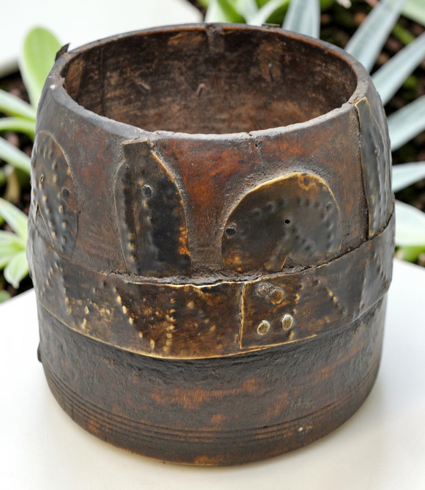 Antique Wooden Grain Measurement Pot Original Old Hand Carved Metal Fitted