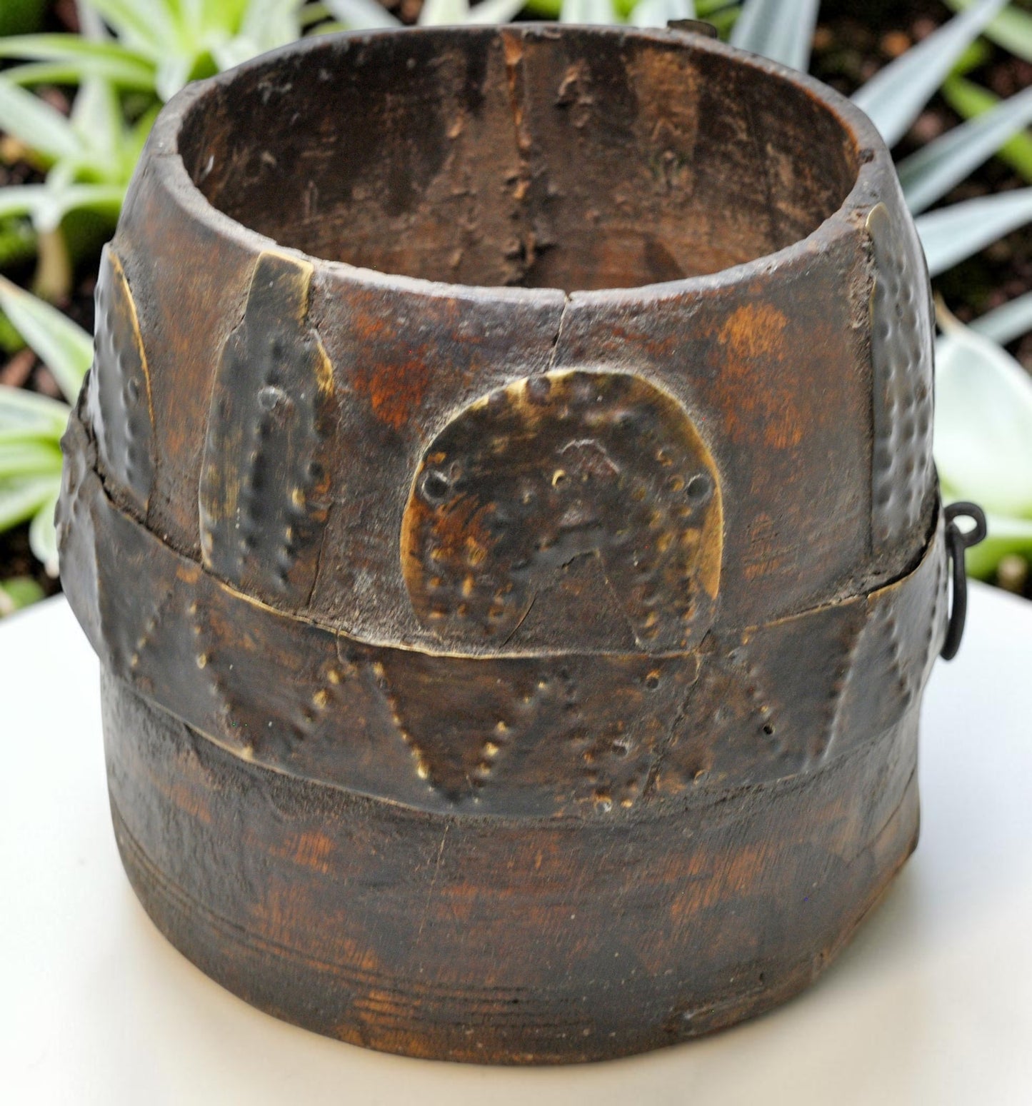 Antique Wooden Grain Measurement Pot Original Old Hand Carved Metal Fitted